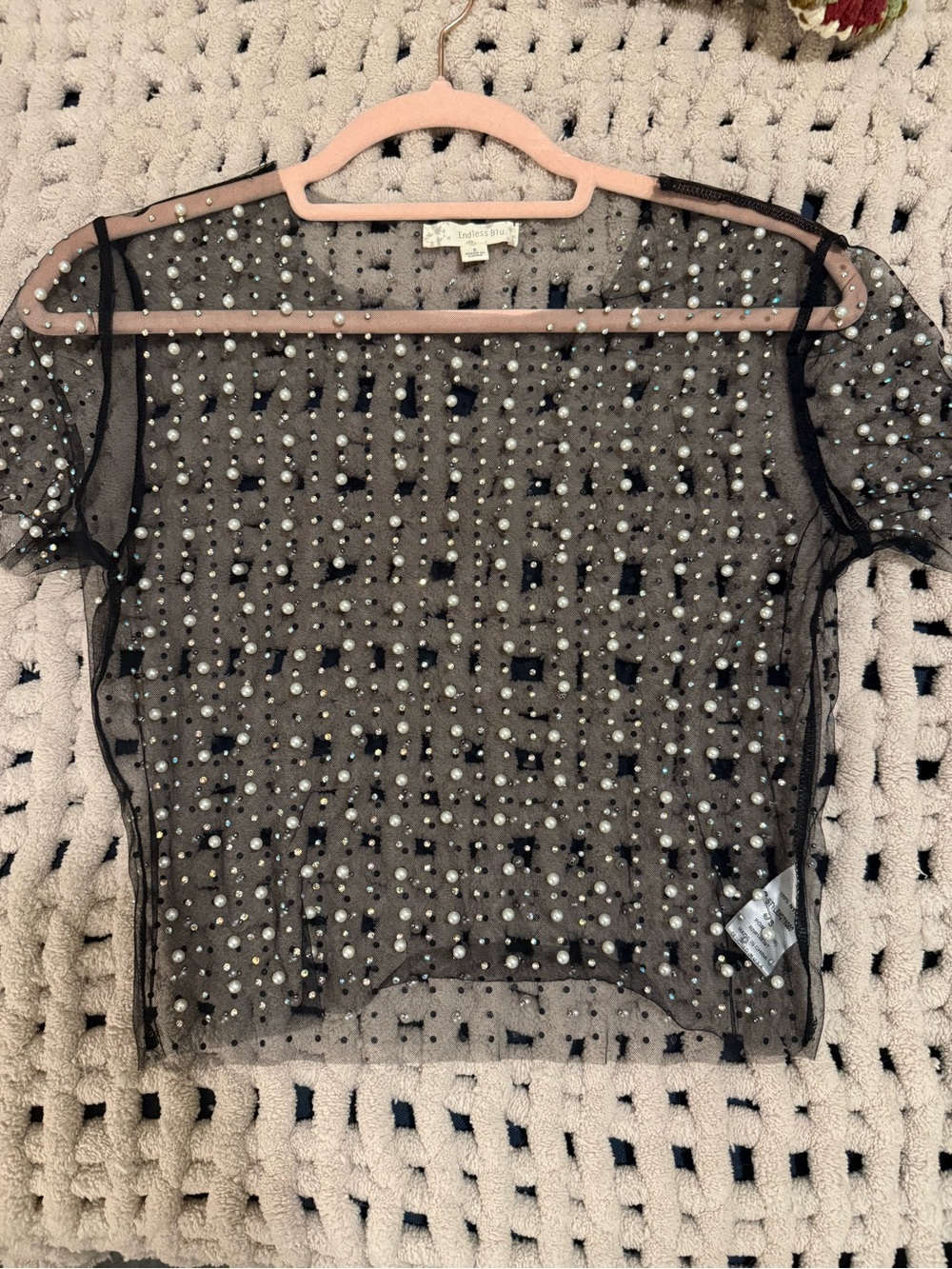 Endless Rose Black Sheer Pearl-Studded Mesh Top